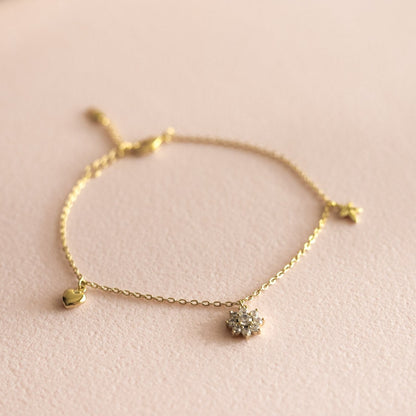 Pulsera Sole Cadena Flor, Corazón y Estrella