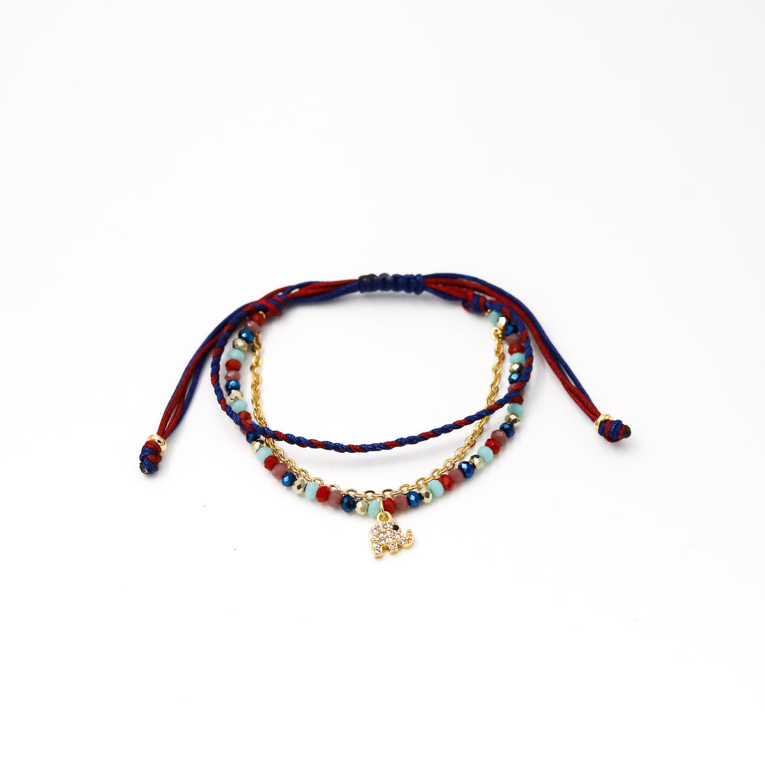 Pulsera Julieta triple tonos guinda-turquesa: elefante, arbolito, luna