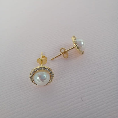 Aretes perla borde strass (plata bañada en oro)